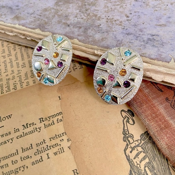 Vintage Sarah Cov gold tone, pink, amber, blue, purple color rhinestone earrings - Picture 2 of 6